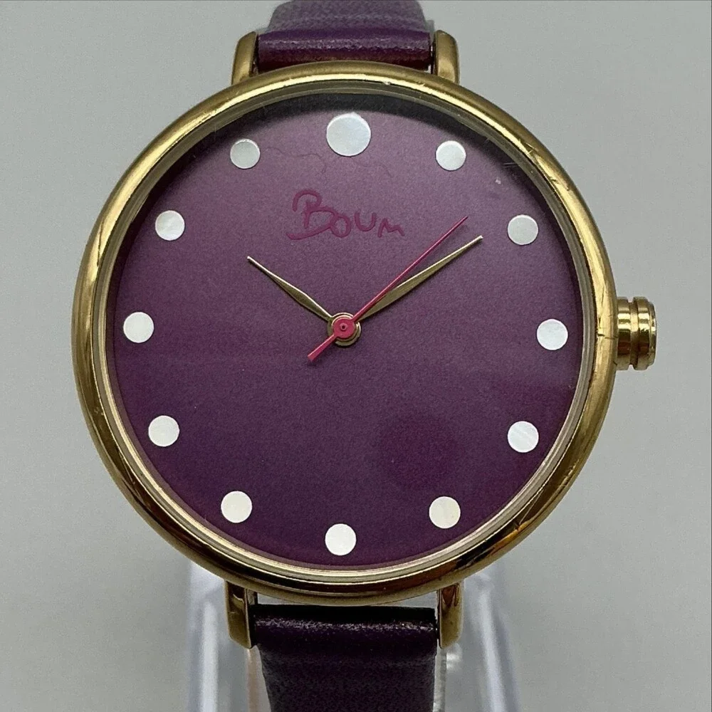 Boum Womens Watch 36mm Purple Dial Gold Tone Leather 3ATM WR New Battery